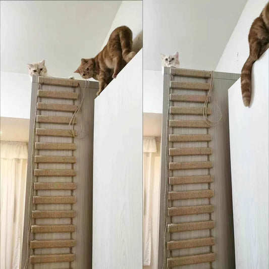 Cat Climbing Bridge & Ladder – Wooden Cat Tower with Sisal Rope Scratching Post for Indoor Cats